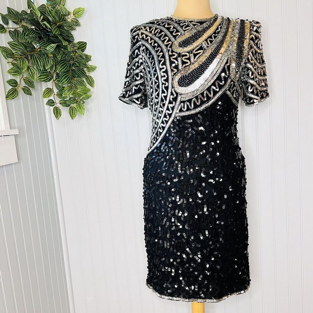 RARE Laurence Kazar Sz PM Dress Vintage Silk Beaded Sequins Dinasty Glam Handmad